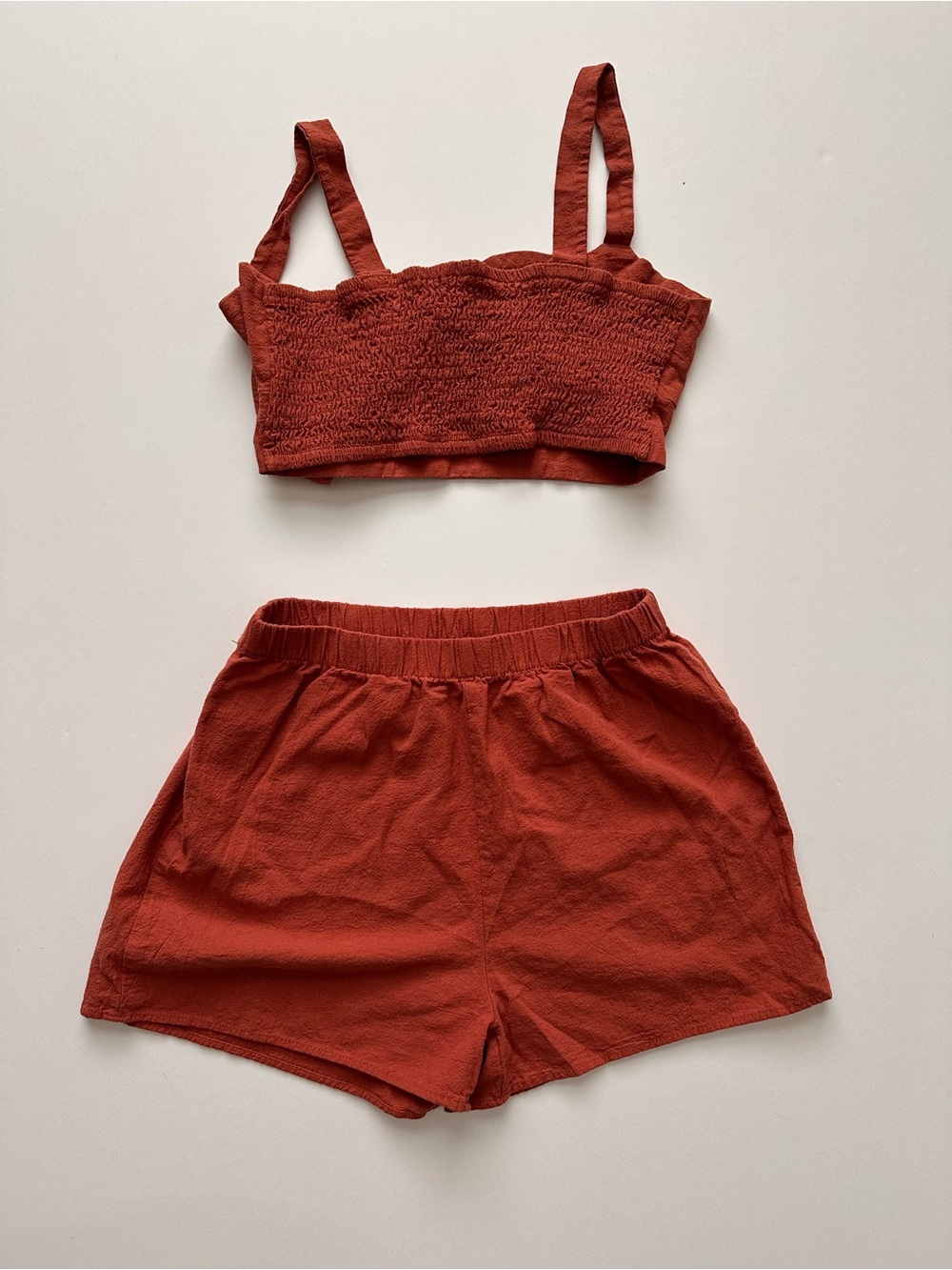 SHEIN Rust Smocked Crop Top & Elastic Waist Shorts Set